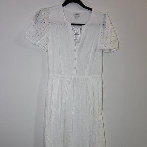 J.CREW Womens White Eyelet Puff Short Sleeve Below Knee Summer Dress